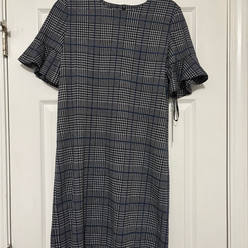 Calvin Klein Plaid Ruffle Sleeve Dress - Black and White